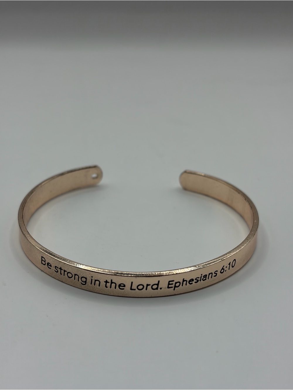 Rose/Silver Tone Engraved Metal Cuff Bracelet “Be Strong in the Lord” Eph 6:10
